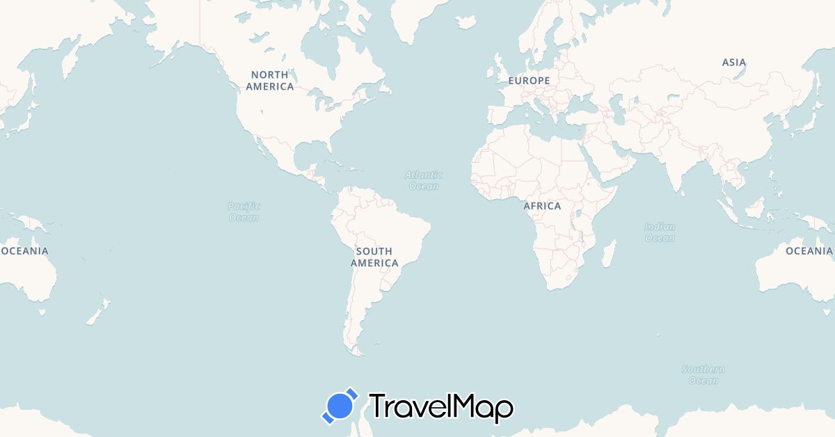 TravelMap itinerary: driving, bus, plane, cycling, train, hiking, boat, hitchhiking in Argentina, Bolivia, Brazil, Chile, Colombia, Germany, Ecuador, France, Panama, Peru, Paraguay, Uruguay, Venezuela (Europe, North America, South America)